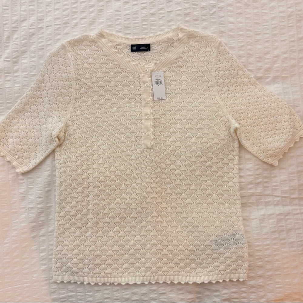 GAP Linen-Blend Pointelle Henley Top Cream BNWT